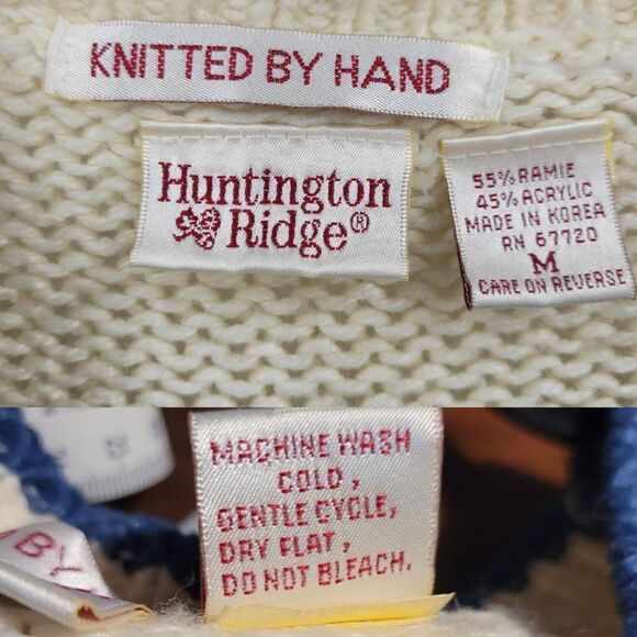 Vintage 80s Western Cardigan Sweater M Blue Cream Fringe Hand Knit Button Up - Picture 3 of 12